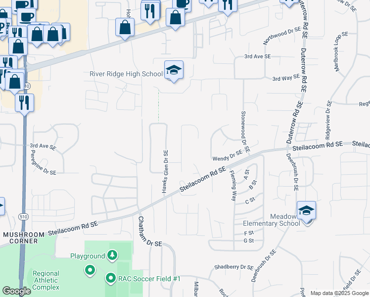 map of restaurants, bars, coffee shops, grocery stores, and more near 618 Hidden Forest Drive Southeast in Olympia