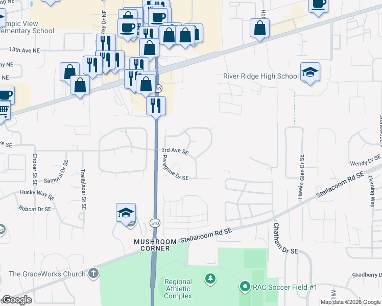 map of restaurants, bars, coffee shops, grocery stores, and more near 8410 3rd Avenue Southeast in Olympia