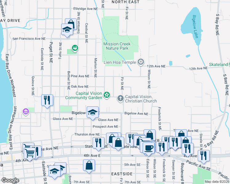 map of restaurants, bars, coffee shops, grocery stores, and more near 910 McCormick Street Northeast in Olympia