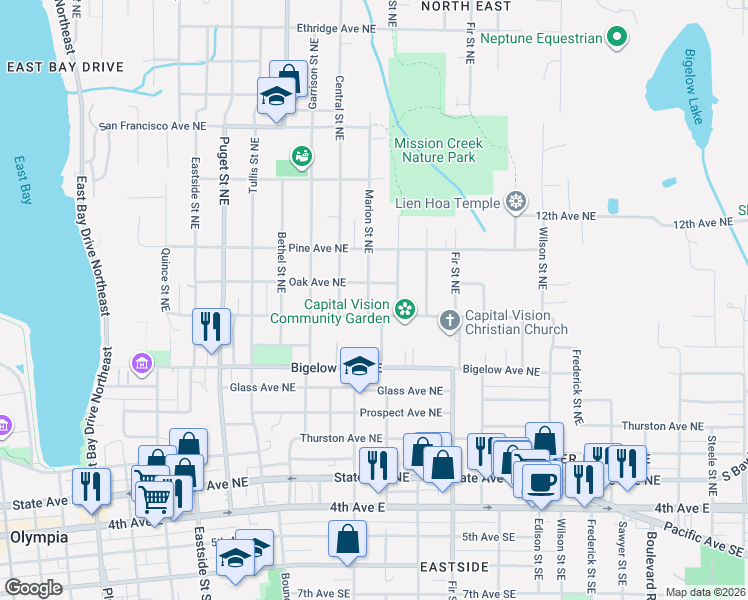 map of restaurants, bars, coffee shops, grocery stores, and more near 909 Marion Street Northeast in Olympia