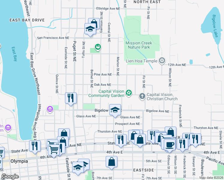 map of restaurants, bars, coffee shops, grocery stores, and more near 909 Marion Street Northeast in Olympia