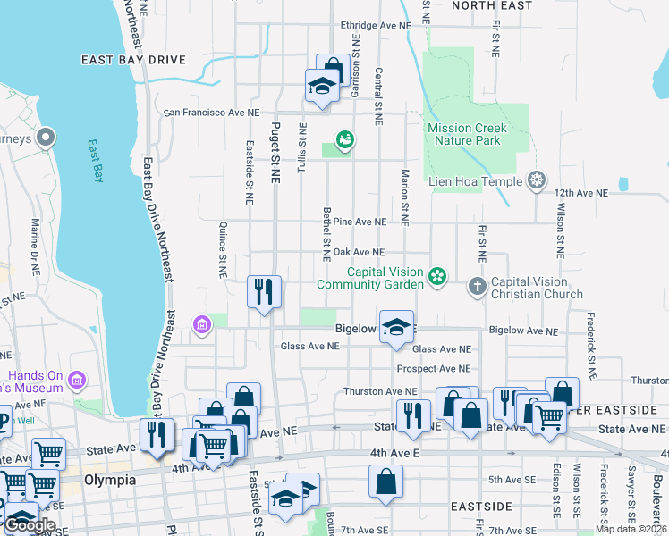 map of restaurants, bars, coffee shops, grocery stores, and more near 912 Bethel Street Northeast in Olympia