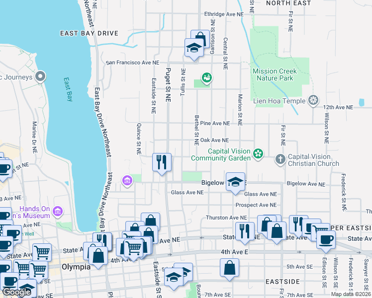 map of restaurants, bars, coffee shops, grocery stores, and more near 908 Tullis Street Northeast in Olympia