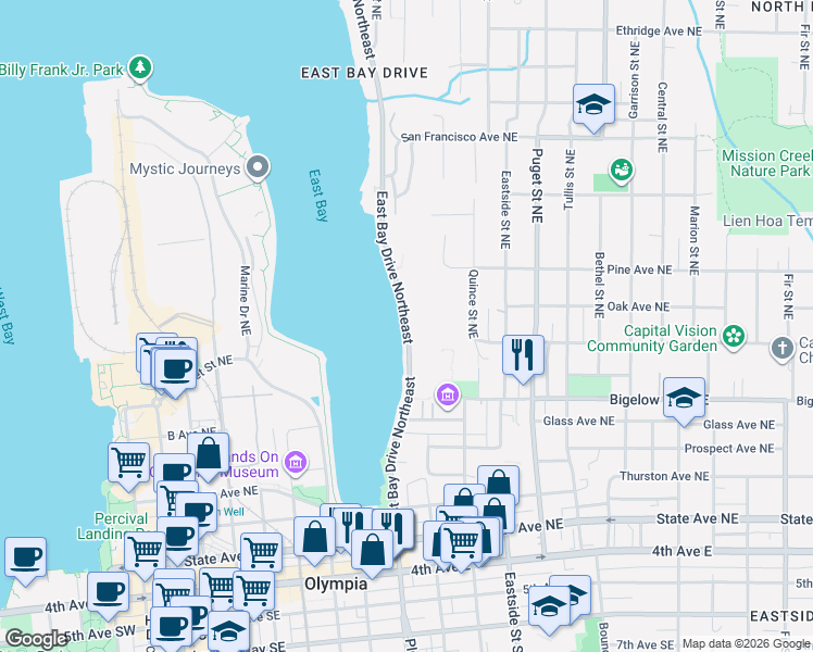 map of restaurants, bars, coffee shops, grocery stores, and more near 912 East Bay Drive Northeast in Olympia