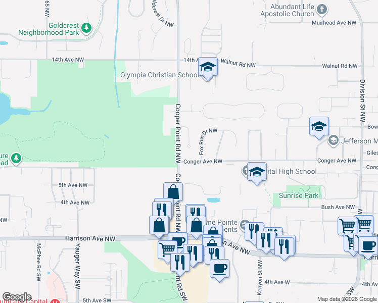 map of restaurants, bars, coffee shops, grocery stores, and more near 802 Sarah Court Northwest in Olympia