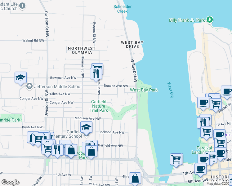 map of restaurants, bars, coffee shops, grocery stores, and more near 805 Foote Street Northwest in Olympia