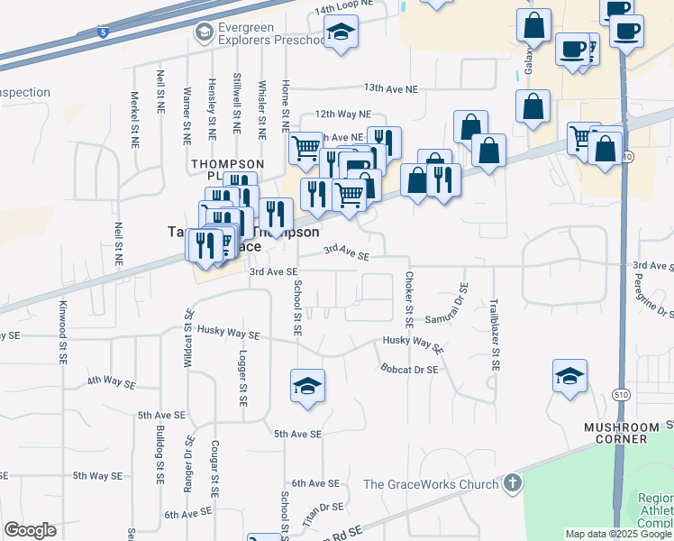map of restaurants, bars, coffee shops, grocery stores, and more near 7601 3rd Way Southeast in Olympia