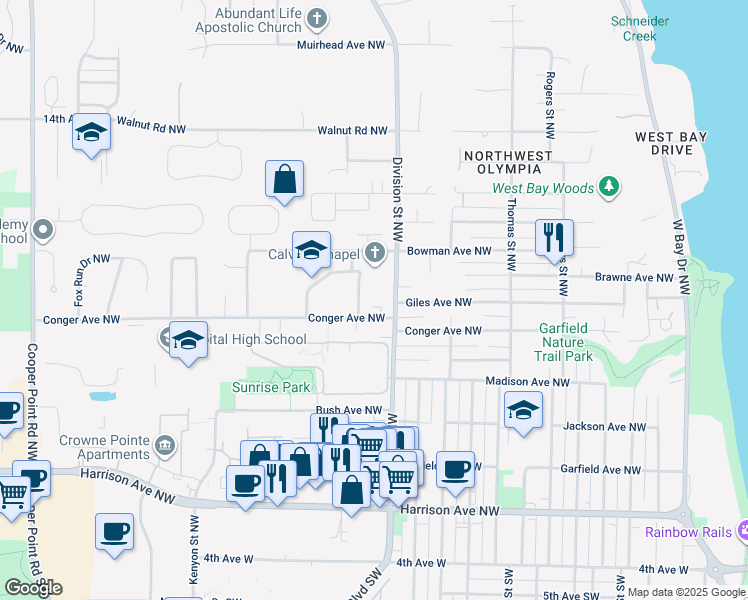 map of restaurants, bars, coffee shops, grocery stores, and more near 2016 Conger Avenue Northwest in Olympia
