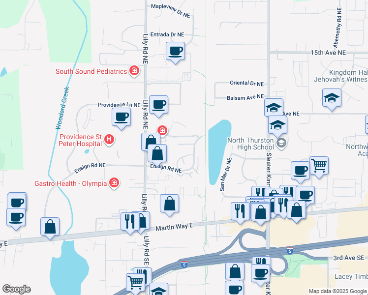 map of restaurants, bars, coffee shops, grocery stores, and more near 425 Ensign Road Northeast in Olympia