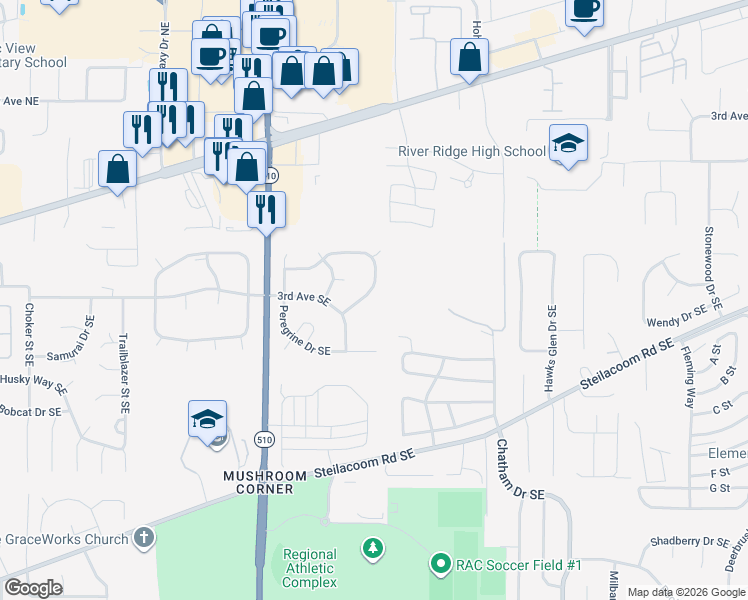 map of restaurants, bars, coffee shops, grocery stores, and more near 8438 Hawksridge Drive Southeast in Olympia