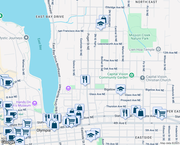 map of restaurants, bars, coffee shops, grocery stores, and more near 1116 Yew Avenue Northeast in Olympia