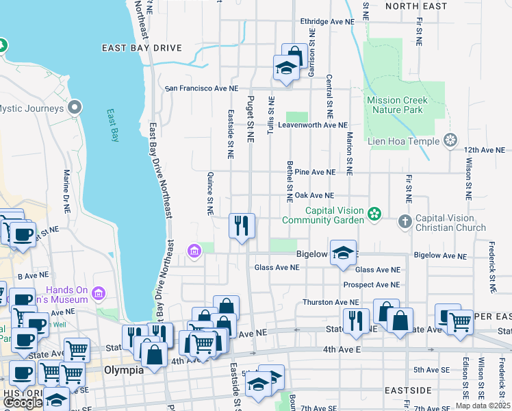 map of restaurants, bars, coffee shops, grocery stores, and more near 1116 Yew Avenue Northeast in Olympia