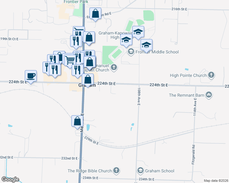 map of restaurants, bars, coffee shops, grocery stores, and more near 10512 224th Street East in Graham