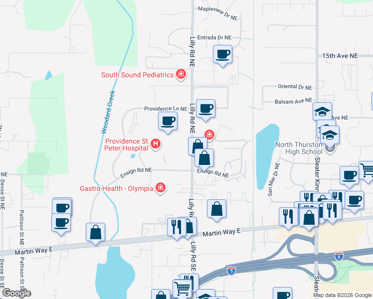 map of restaurants, bars, coffee shops, grocery stores, and more near 337-399 Lilly Rd NE in Olympia
