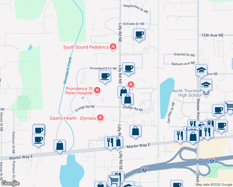 map of restaurants, bars, coffee shops, grocery stores, and more near 337-399 Lilly Rd NE in Olympia