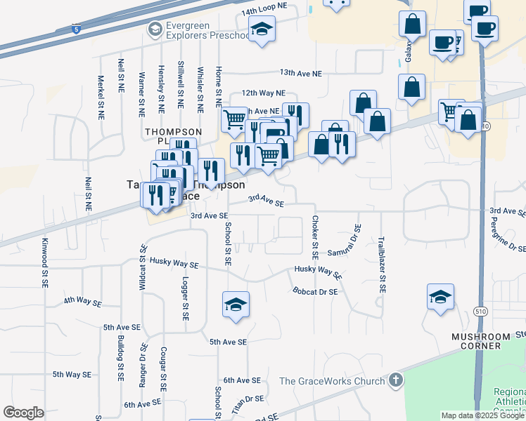 map of restaurants, bars, coffee shops, grocery stores, and more near 7535 3rd Avenue Southeast in Olympia
