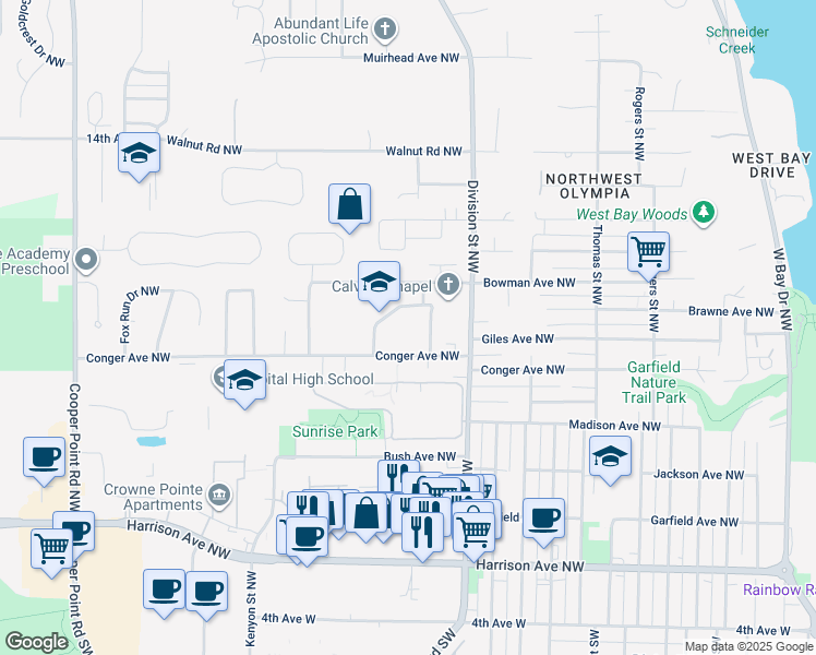 map of restaurants, bars, coffee shops, grocery stores, and more near 2200 Conger Avenue Northwest in Olympia