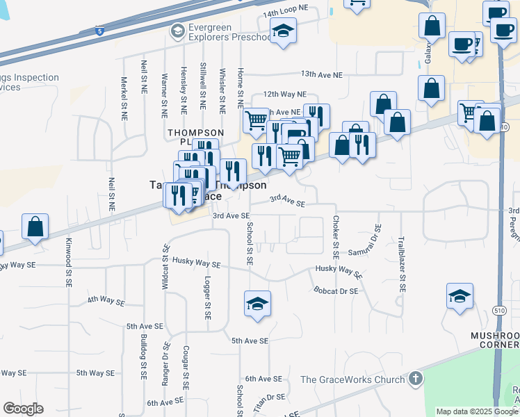 map of restaurants, bars, coffee shops, grocery stores, and more near 7509 3rd Avenue Southeast in Olympia