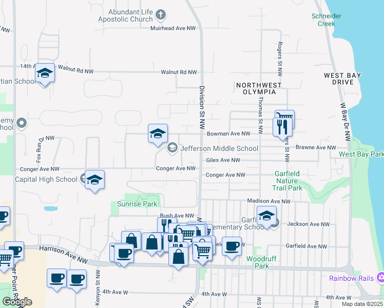 map of restaurants, bars, coffee shops, grocery stores, and more near 2016 Conger Avenue Northwest in Olympia