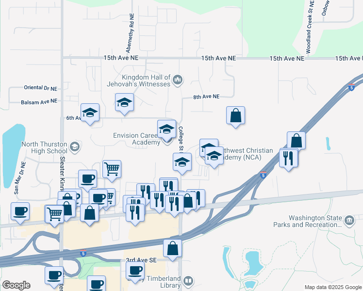map of restaurants, bars, coffee shops, grocery stores, and more near 411 College Street Northeast in Lacey