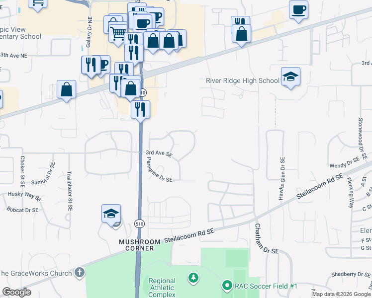 map of restaurants, bars, coffee shops, grocery stores, and more near 8438 Hawksridge Drive Southeast in Olympia