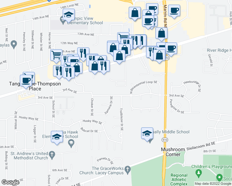 map of restaurants, bars, coffee shops, grocery stores, and more near 7849b Samurai Drive Southeast in Olympia
