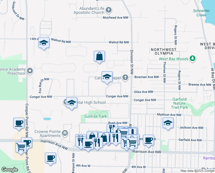 map of restaurants, bars, coffee shops, grocery stores, and more near 2200 Conger Avenue Northwest in Olympia