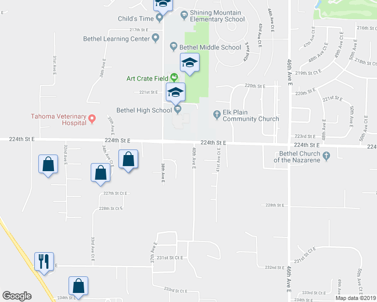 map of restaurants, bars, coffee shops, grocery stores, and more near 22505 39th Avenue East in Spanaway