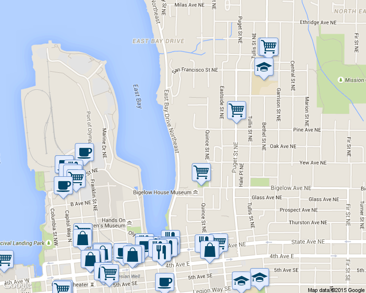 map of restaurants, bars, coffee shops, grocery stores, and more near 912 East Bay Drive Northeast in Olympia