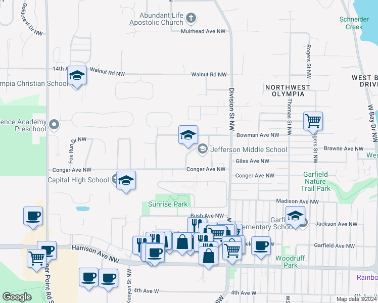 map of restaurants, bars, coffee shops, grocery stores, and more near 2200 Conger Avenue Northwest in Olympia
