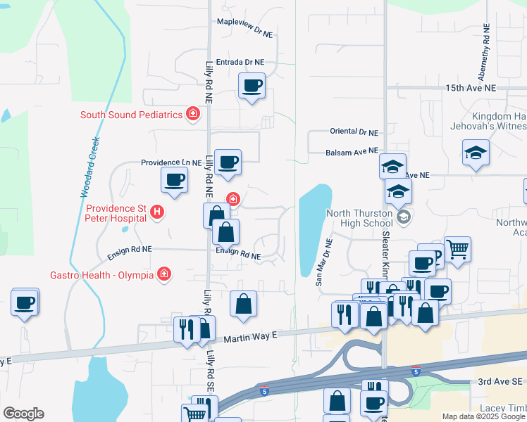 map of restaurants, bars, coffee shops, grocery stores, and more near 426 Lilly Road Northeast in Olympia