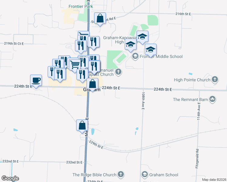 map of restaurants, bars, coffee shops, grocery stores, and more near 10512 224th Street East in Graham