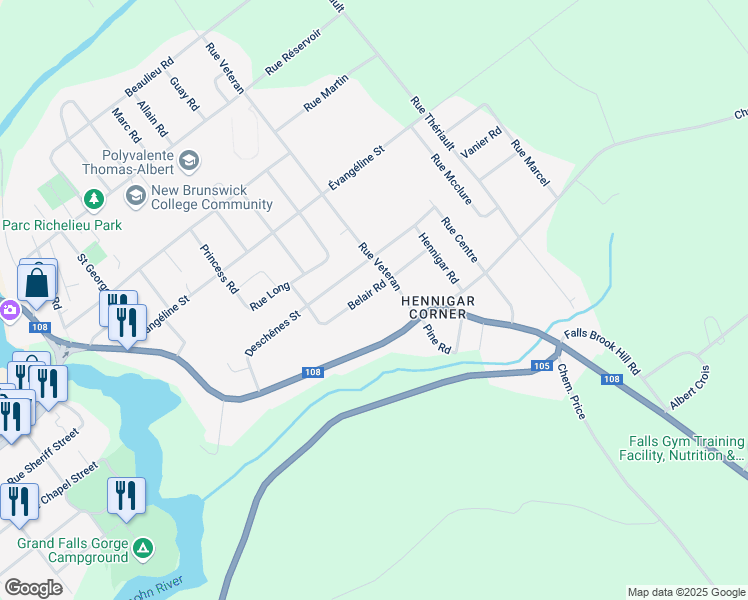 map of restaurants, bars, coffee shops, grocery stores, and more near 77 Belair Road in Grand Falls