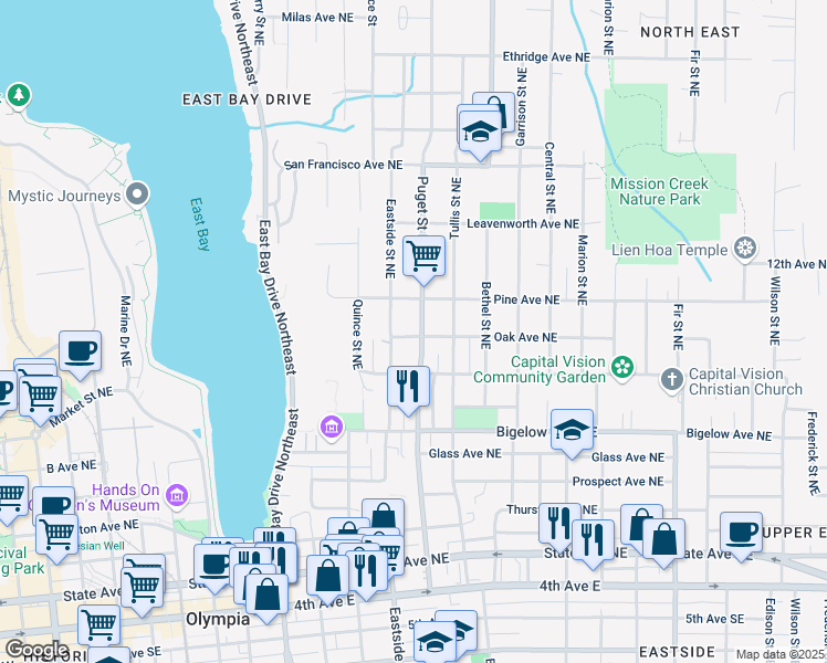 map of restaurants, bars, coffee shops, grocery stores, and more near in Olympia