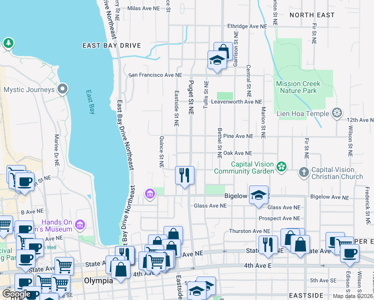 map of restaurants, bars, coffee shops, grocery stores, and more near in Olympia