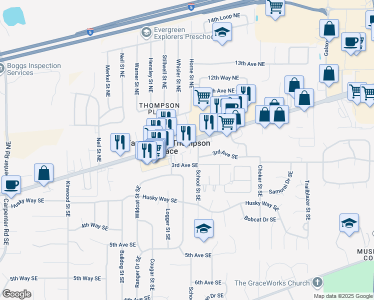 map of restaurants, bars, coffee shops, grocery stores, and more near 7300 Martin Way Southeast in Olympia