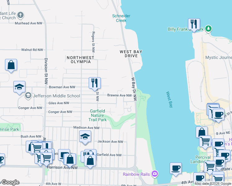 map of restaurants, bars, coffee shops, grocery stores, and more near 1020 Brawne Avenue Northwest in Olympia