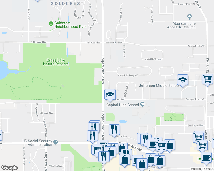 map of restaurants, bars, coffee shops, grocery stores, and more near 928 Sarah Court Northwest in Olympia