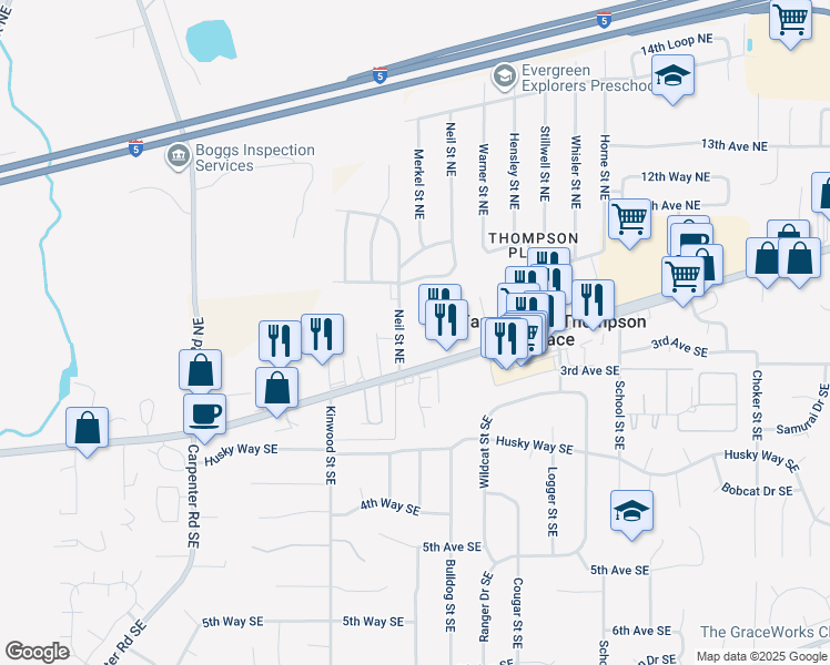 map of restaurants, bars, coffee shops, grocery stores, and more near 948 Neil Street Northeast in Lacey