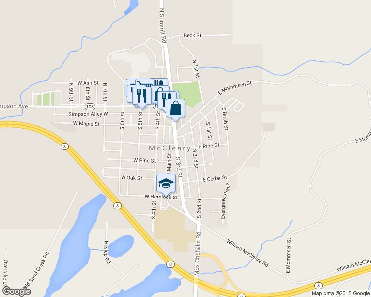 map of restaurants, bars, coffee shops, grocery stores, and more near 118 East Pine Street in McCleary