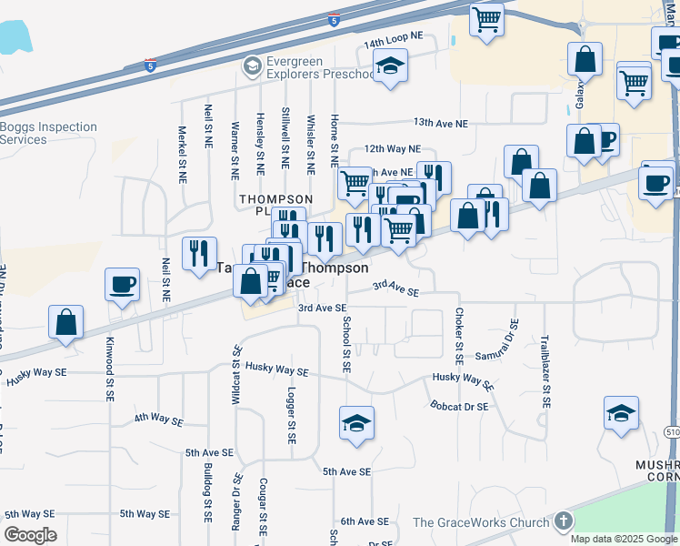 map of restaurants, bars, coffee shops, grocery stores, and more near 7300-7498 Martin Way SE in Olympia