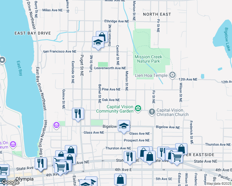 map of restaurants, bars, coffee shops, grocery stores, and more near 1023 Central Street Northeast in Olympia