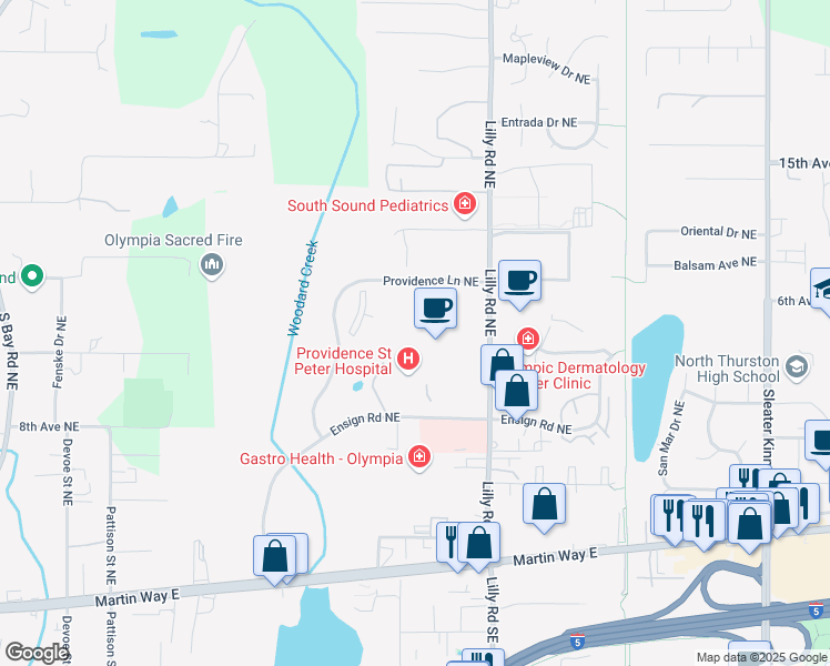 map of restaurants, bars, coffee shops, grocery stores, and more near 413 Lilly Road Northeast in Olympia