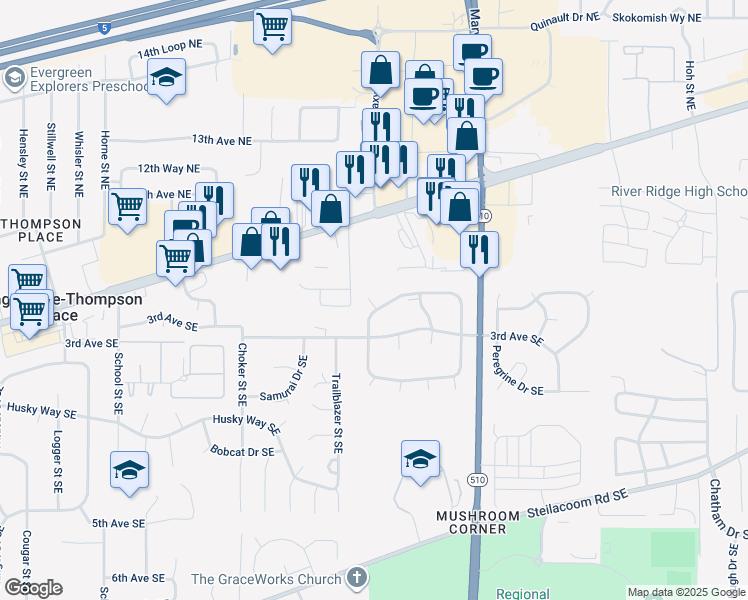 map of restaurants, bars, coffee shops, grocery stores, and more near 8018 South Bicentennial Loop Southeast in Olympia