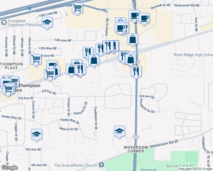 map of restaurants, bars, coffee shops, grocery stores, and more near 8018 North Bicentennial Loop Southeast in Olympia
