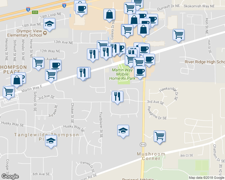 map of restaurants, bars, coffee shops, grocery stores, and more near 8018 North Bicentennial Loop Southeast in Olympia