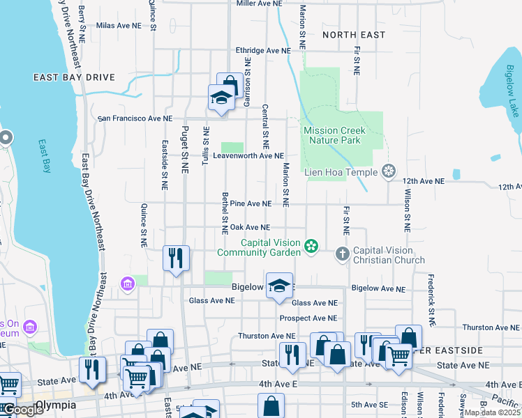 map of restaurants, bars, coffee shops, grocery stores, and more near 1521 Pine Avenue Northeast in Olympia