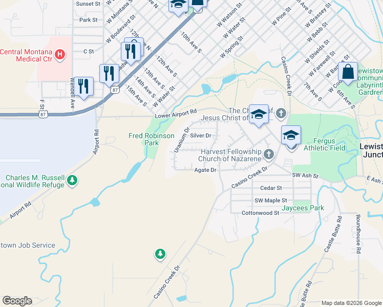 map of restaurants, bars, coffee shops, grocery stores, and more near 108 Turquoise Drive in Lewistown