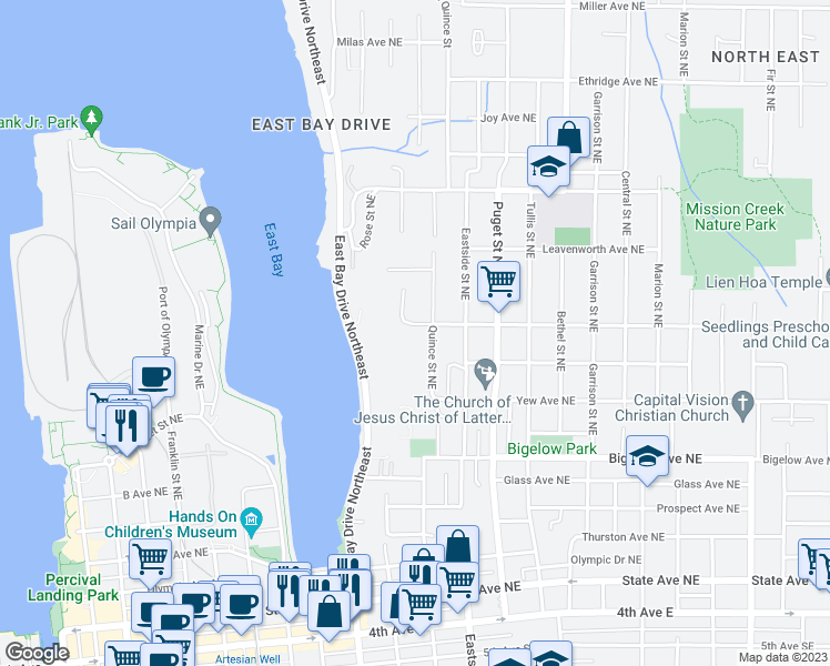 map of restaurants, bars, coffee shops, grocery stores, and more near 909 Pine Avenue Northeast in Olympia
