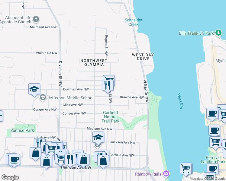 map of restaurants, bars, coffee shops, grocery stores, and more near 1307 Bowman Avenue Northwest in Olympia